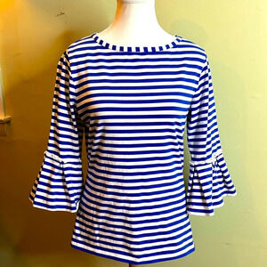sara campbell blue white striped 3/4 pleated bell sleeve top